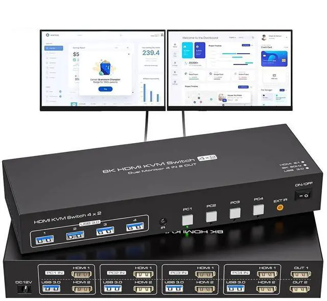 Main image of WRIARICH Dual Monitor HDMI KVM Switch HDMI 2 Port 8K@60Hz, USB HDMI Extended Display Switcher for 4 Computers Share 2 Monitors and 4 USB 3.0 Hub
