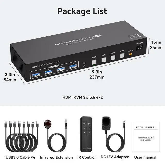 Alt view image 7 of 7 - WRIARICH HDMI Dual Monitor KVM Switch 2 Monitors 4 Computers 8K@60Hz USB 3.0 KVM Switches for 4 PC or Laptops Share Dual Monitor and 1 Set of Keyboard Mouse Printer and Scanner