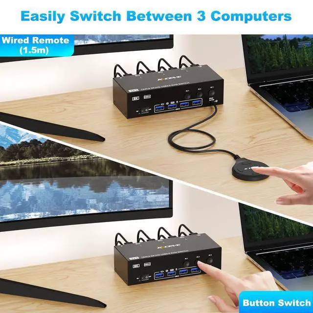 Alt view image 5 of 5 - HDMI + Displayport KVM Switch 2 Monitors 3 Computers 8K@60Hz 4K@144Hz, Camgeet Dual Monitor KVM Switch with 4 USB 3.0 Port for Keyboard Mouse Printer,Wired Remote,Power Adapter and USB Cables Included