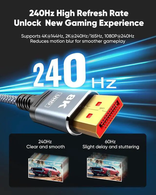 Alt view image 5 of 7 - WRIARICH 8K DisplayPort 1.4 Cable 3.3ft (8K@60Hz, 4K@144Hz, 2K@240Hz), High Speed 32.4Gbps, Long Braided Copper DP Display Port 1.4 1.2 Cord for Gaming Monitor, Graphics, PC