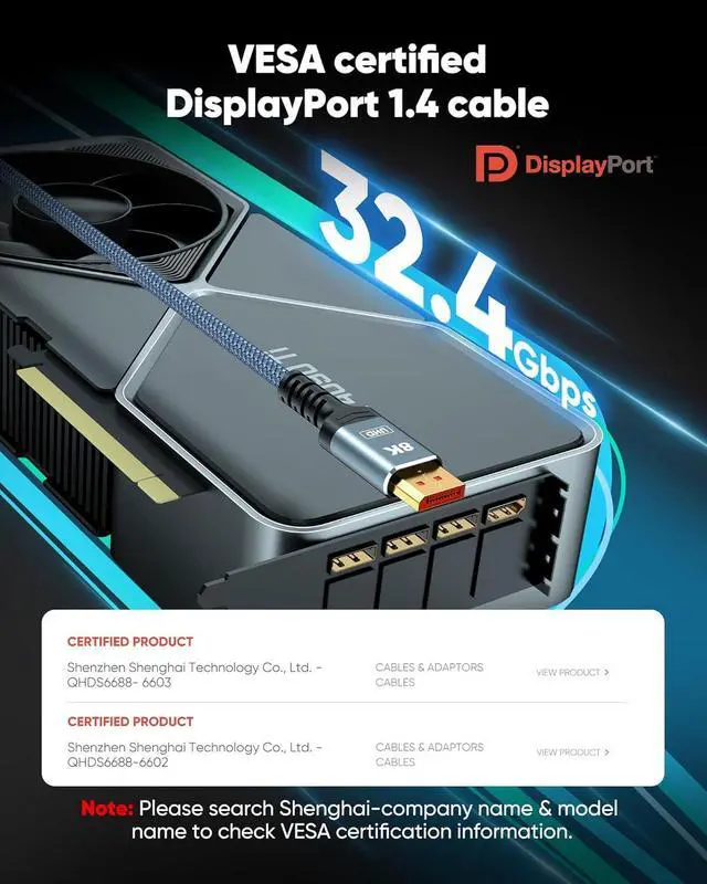 Alt view image 3 of 7 - WRIARICH 8K DisplayPort 1.4 Cable 3.3ft (8K@60Hz, 4K@144Hz, 2K@240Hz), High Speed 32.4Gbps, Long Braided Copper DP Display Port 1.4 1.2 Cord for Gaming Monitor, Graphics, PC