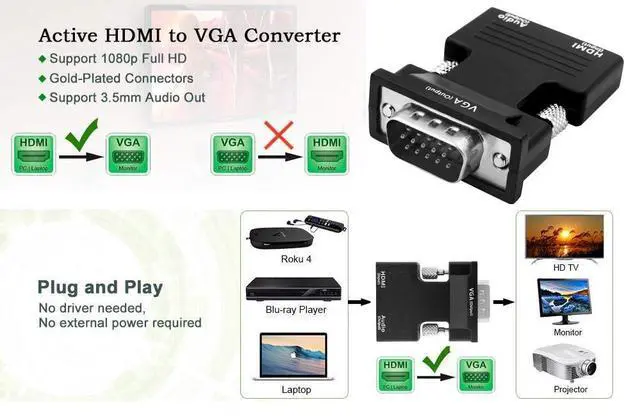 Alt view image 6 of 7 - WRIARICH Active 1080P Female HDMI to VGA Male Converter Adapter Dongle with 3.5mm Stereo Audio Portable HDMI Connector for Laptop PC PS3 Xbox STB Blu-ray DVD TV Stick