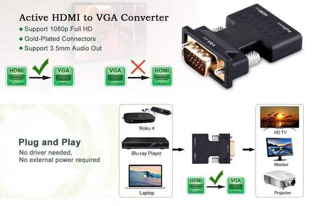 Alt view image 5 of 7 - WRIARICH Gold-plated 1080P Female HDMI to VGA Male Converter Adapter Dongle - 3.5mm Stereo Audio - for TVs, Speakers, Computers, Laptops, Gaming Consoles, Notebooks, Blu-ray DVD Players & More-