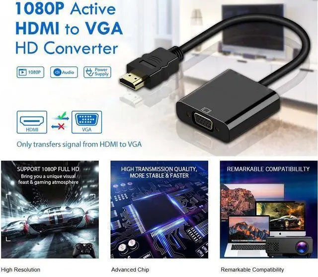 Alt view image 7 of 7 - WRIARICH HDMI to VGA Adapter, HDMI Male to VGA Female Cable with Power and Audio Port for HP Dell Lenovo Laptops, Xbox one, etc
