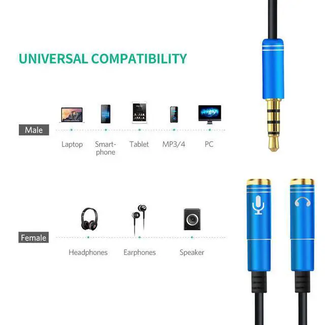 Alt view image 3 of 7 - WRIARICH (2-PACK)3.5mm Jack Y Splitter Male to 2 Female Ports with Mic Headphone Extension Audio Cable AUX Cord for Speaker Phone-Black