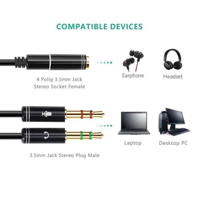 Alt view image 3 of 7 - WRIARICH (2 Pack) 3.5mm Jack Adapter CTIA - Y Splitter Audio Cable with Separate Microphone and Headphone Connector Compatible for PC, PS4 Gaming Headset- 1Ft/30cm, (Black)
