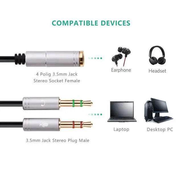 Alt view image 4 of 7 - WRIARICH (2 Pack) 3.5mm 4 Pin Female to 2x3.5mm 3 Pin Male Headphone Converter Head Audio Splitter Y Adapter Cable, 0.3M 1FT (Gray)
