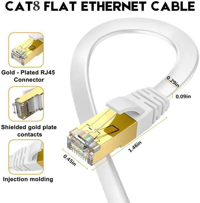 Alt view image 3 of 7 - WRIARICH Ethernet Cable 50 ft, CAT8 Standard High Speed Shielded Flat Internet Cable with Clips, Faster Than Cat7 LAN Wire - White 15 M