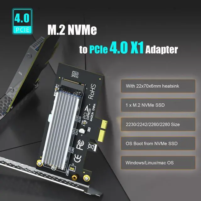 Alt view image 2 of 7 - WRIARICH PA09-X1-HS NVMe to PCIe X1 Adapter with M.2 Heatsink for 2230/2242/2260/2280 NVMe SSD, PCIe X1 Installation (Silver)