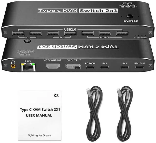 Main image of WRIARICH 2 Ports Type C KVM Switch for 1 Monitors 2 Computers, 8K@60Hz USB C Type-C KVM Switches 2 in 1 Out with 7 USB 2.0 Ports for 2 Computers Sharing Monitor Keyboard Mouse Hard Drives Printer