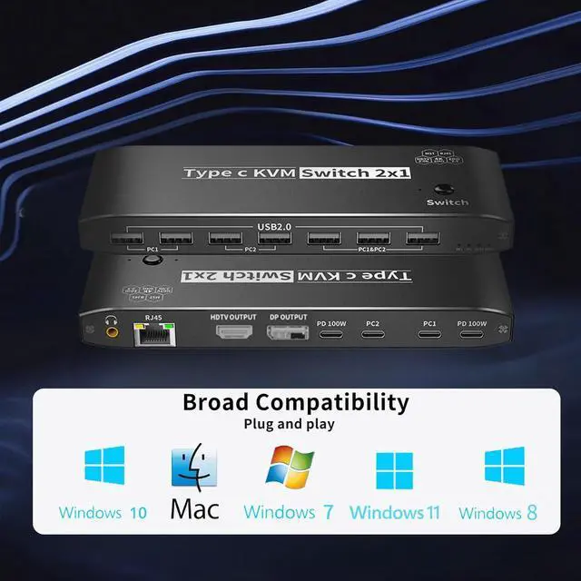 Alt view image 6 of 7 - WRIARICH 2 Ports Type C KVM Switch for 1 Monitors 2 Computers, 8K@60Hz USB C Type-C KVM Switches 2 in 1 Out with 7 USB 2.0 Ports for 2 Computers Sharing Monitor Keyboard Mouse Hard Drives Printer