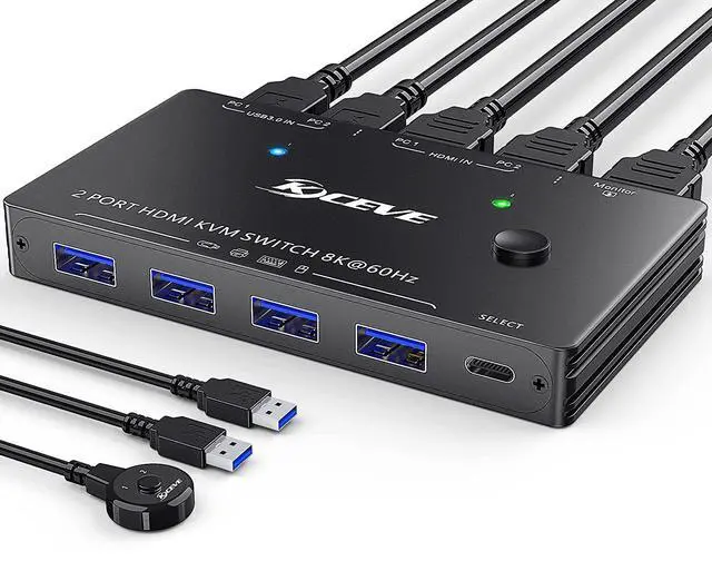 Main image of WRIARICH 8K USB 3.0 KVM Switch HDMI 2 Port 8K @60Hz 4K @120Hz, HD-MI2.1 KVM Switch for 2 Computers Share 1 Monitor and 4 USB 3.0 Devices, HDCP 2.3, HDR 10, with Wired Remote and 2 USB 3.0 Cable