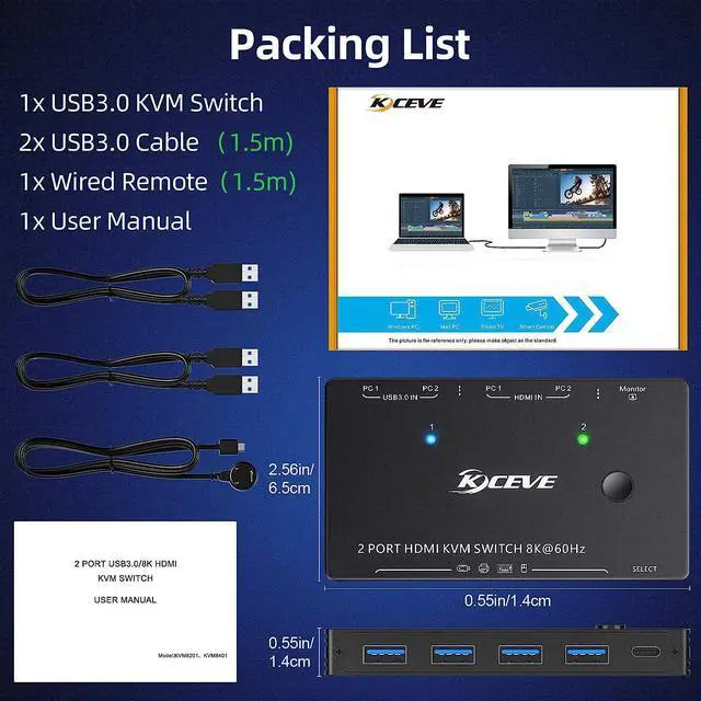 Alt view image 7 of 7 - WRIARICH 8K USB 3.0 KVM Switch HDMI 2 Port 8K @60Hz 4K @120Hz, HD-MI2.1 KVM Switch for 2 Computers Share 1 Monitor and 4 USB 3.0 Devices, HDCP 2.3, HDR 10, with Wired Remote and 2 USB 3.0 Cable