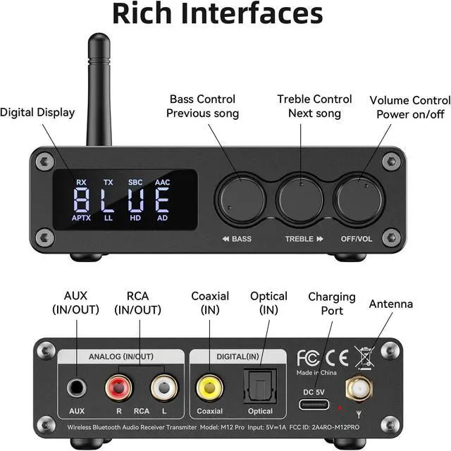 Alt view image 2 of 7 - WRIARICH Bluetooth 5.2 Transmitter Receiver for TV, Home Stereo, BT Headset, Low Latency HD Bluetooth Audio Decoder Adapter with Display, RCA, 3.5mm AUX, Coaxial, Optical Inputs/Outputs giyqxHw