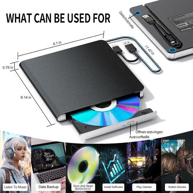 Alt view image 5 of 7 - WRIARICH External Blu-ray Drive for Laptops, 7 in 1 External Blu Ray CD DVD Drive, BD/CD/DVD Drive, 3D Blu-ray Burner, USB 3.0 & Type-C External CD DVD Drive, Suitable for Windows XP/7/8/10/11, MacOS