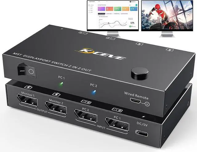 Main image of MST Displayport Splitter Switch 2 in 2 Out 4K @60Hz, 2 Port Displayport Switcher for 2 Computers 2 Monitors, Support Extend and Mirror Mode for PCs with DP or USB C Port, Wired Remote Included
