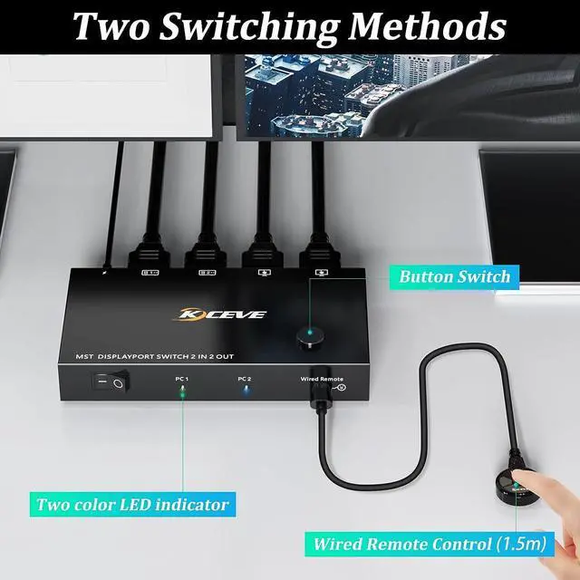 Alt view image 5 of 7 - MST Displayport Splitter Switch 2 in 2 Out 4K @60Hz, 2 Port Displayport Switcher for 2 Computers 2 Monitors, Support Extend and Mirror Mode for PCs with DP or USB C Port, Wired Remote Included