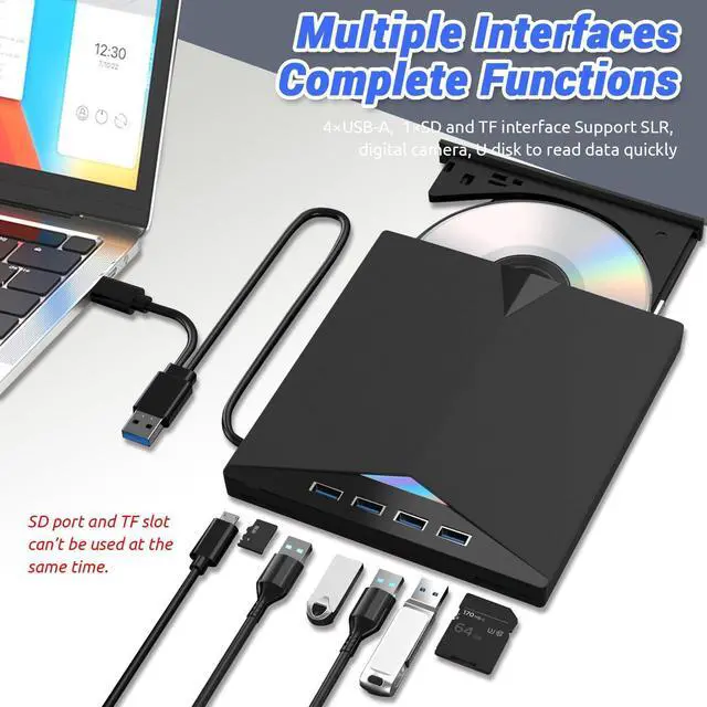Alt view image 3 of 7 - 7 in 1 External Blu-ray Drive, DVD/BD Player Blu Ray Burner with USB 3.0 Type-C Portable Blu Ray Drive, Portable 3D CD DVD Burner Optical Bluray Drive for Laptop PC Desktop Windows 11 10 Mac OS