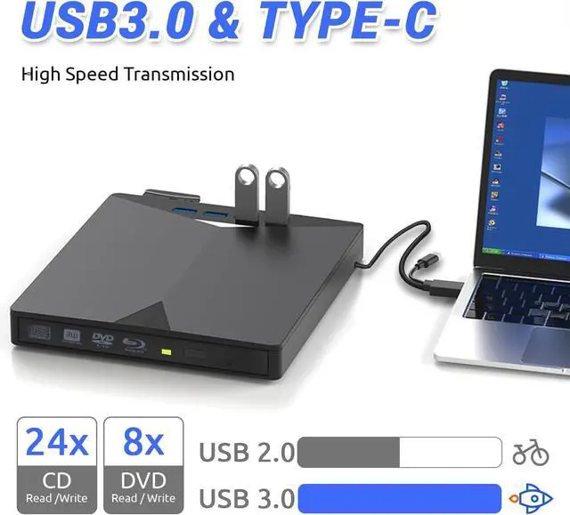 Alt view image 4 of 7 - 7 in 1 External Blu-ray Drive, DVD/BD Player Blu Ray Burner with USB 3.0 Type-C Portable Blu Ray Drive, Portable 3D CD DVD Burner Optical Bluray Drive for Laptop PC Desktop Windows 11 10 Mac OS