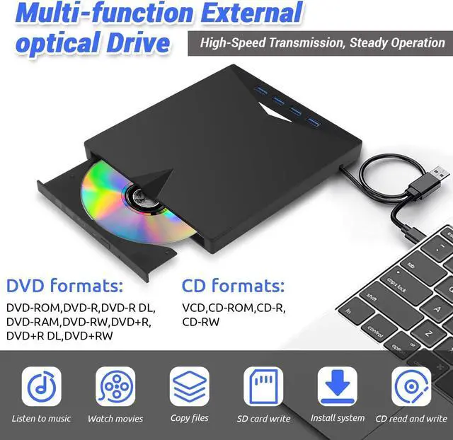 Alt view image 2 of 7 - 7 in 1 External Blu-ray Drive, DVD/BD Player Blu Ray Burner with USB 3.0 Type-C Portable Blu Ray Drive, Portable 3D CD DVD Burner Optical Bluray Drive for Laptop PC Desktop Windows 11 10 Mac OS