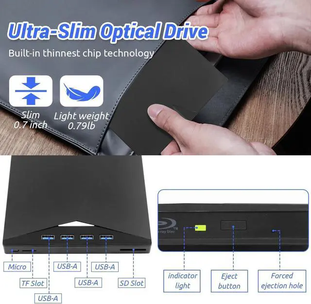 Alt view image 7 of 7 - 7 in 1 External Blu-ray Drive, DVD/BD Player Blu Ray Burner with USB 3.0 Type-C Portable Blu Ray Drive, Portable 3D CD DVD Burner Optical Bluray Drive for Laptop PC Desktop Windows 11 10 Mac OS