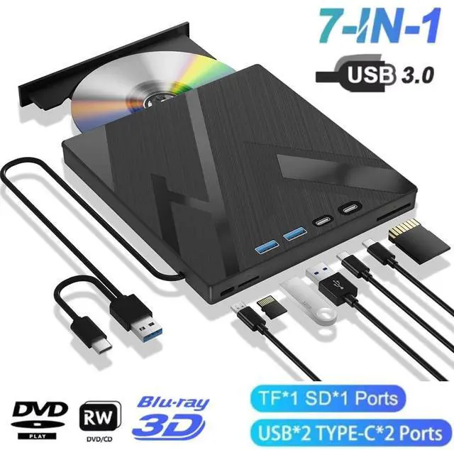 Main image of WRIARICH 7 in 1 External Bluray Drive, USB 3.0 Type-C Optical External Blu-ray DVD Drive Burner with SD/TF Port, Support 100G Disc R/W for PC Compatible with Windows XP/7/8/10/11 Mac Laptop Desktop
