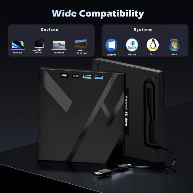 Alt view image 6 of 7 - WRIARICH 7 in 1 External Bluray Drive, USB 3.0 Type-C Optical External Blu-ray DVD Drive Burner with SD/TF Port, Support 100G Disc R/W for PC Compatible with Windows XP/7/8/10/11 Mac Laptop Desktop