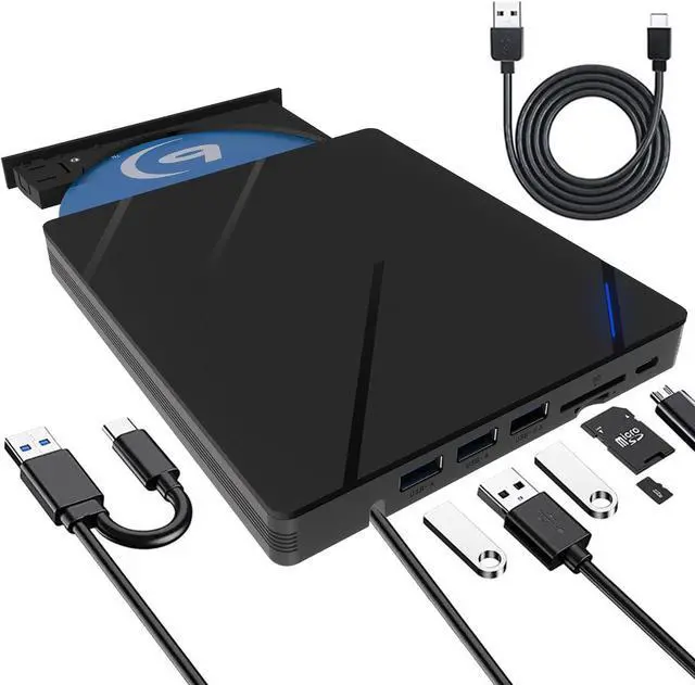 Main image of WRIARICH External Blu Ray Drive, 7 in 1 External Blu-ray Drive USB 3.0 Type C Portable Blu Ray Player, 3D Blu Ray Burner CD DVD Burner, Optical Bluray Drive for Windows XP/7/8/10/11, Mac OS Computers