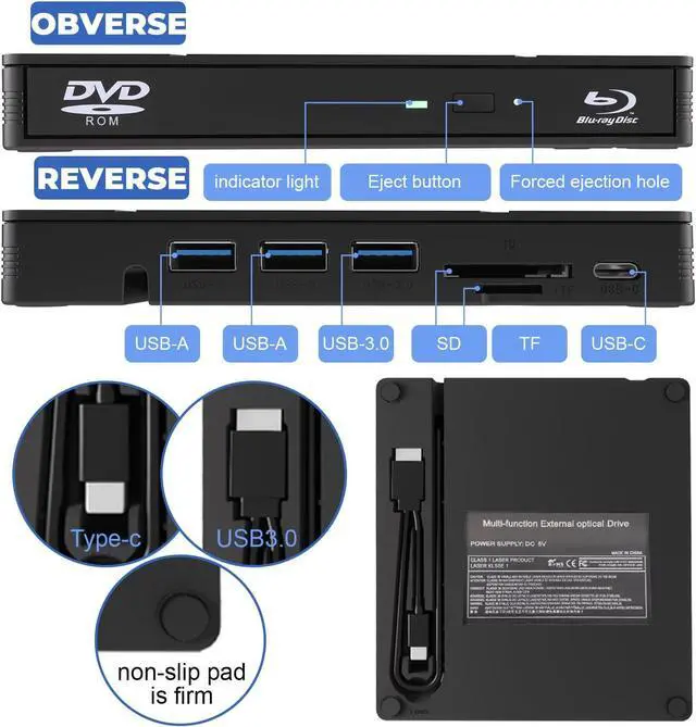 Alt view image 6 of 7 - WRIARICH External Blu Ray Drive, 7 in 1 External Blu-ray Drive USB 3.0 Type C Portable Blu Ray Player, 3D Blu Ray Burner CD DVD Burner, Optical Bluray Drive for Windows XP/7/8/10/11, Mac OS Computers