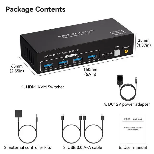 Alt view image 7 of 7 - 2 Port HDMI Dual Monitor KVM Switch 2 Monitors 2 Computers 4K@60Hz, USB 3.0 KVM Switches for 2 PC or Laptops Share 1 Set of Keyboard Mouse Printer and Scanner Support Extended & Duplicate Mode