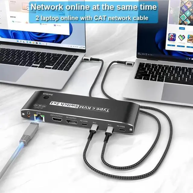 Alt view image 5 of 7 - 2x1 Type-C KVM Switch 8K@60Hz 2 in 1 Out, 2 Ports 8K Thunderbolt 4 USB C KVM Switch with Ethernet RJ45 100W PD Charge 3.5mm Audio Jack, Type C KVM Switch Switcher for 2 Computer 1 Monitor, Smart EDID