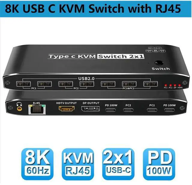 Main image of 2x1 Type-C KVM Switch 8K@60Hz 2 in 1 Out, 2 Ports 8K Thunderbolt 4 USB C KVM Switch with Ethernet RJ45 100W PD Charge 3.5mm Audio Jack, Type C KVM Switch Switcher for 2 Computer 1 Monitor, Smart EDID