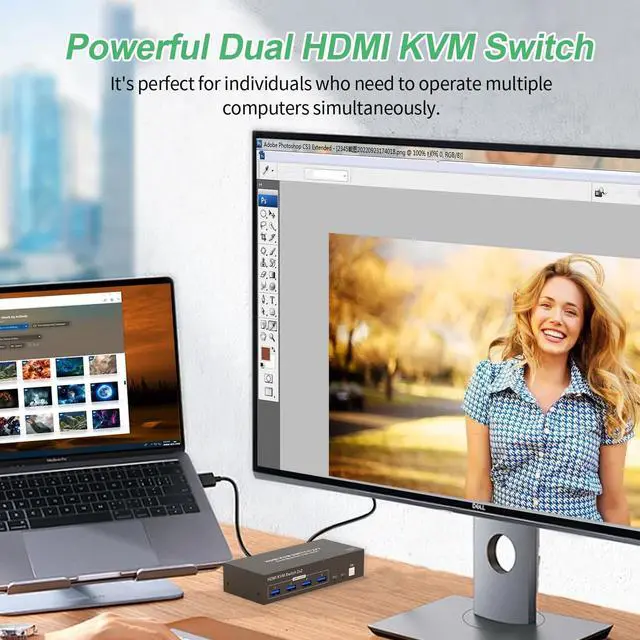 Alt view image 2 of 7 - HDMI KVM Switch 2 Computers 2 Monitors, Dual Monitor HDMI KVM Switch 2 in 2 Out, 4K 60Hz, Dual HDMI Outputs with 4 USB 3.0 Ports to Share Keyboard Mouse Printer etc, Supports Extended/Copy Mode