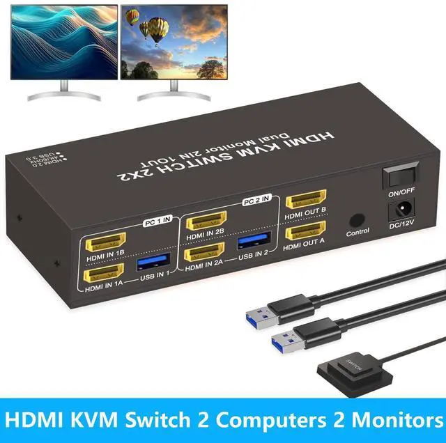 Main image of HDMI KVM Switch 2 Computers 2 Monitors, Dual Monitor HDMI KVM Switch 2 in 2 Out, 4K 60Hz, Dual HDMI Outputs with 4 USB 3.0 Ports to Share Keyboard Mouse Printer etc, Supports Extended/Copy Mode