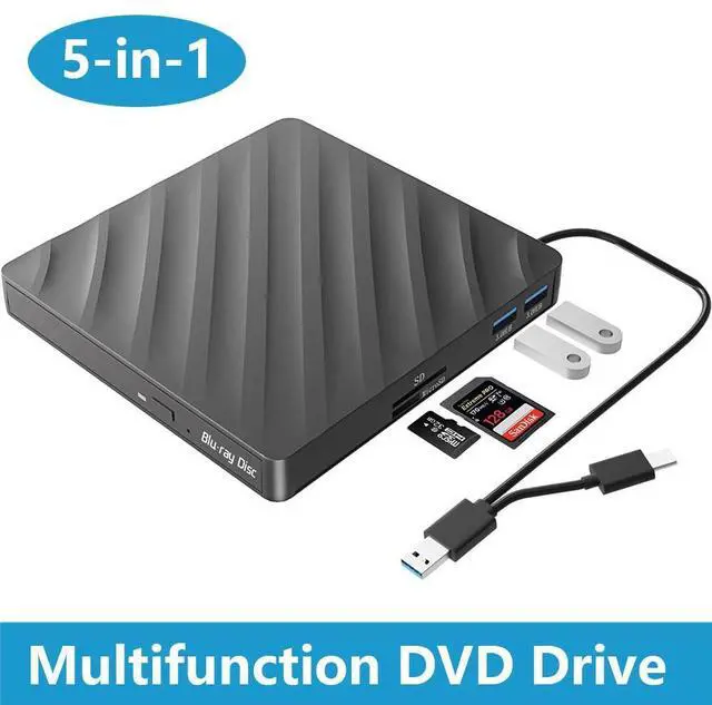 Main image of 5 in 1 External Blu-ray CD DVD Drive, USB 3.0 Type-C Slim Optical Drive External Bluray DVD Burner with SD/TF Card Reader 2 USB 3.0 Hubs Compatible with Windows XP/7/8/10 MacOS Laptop and Desktop