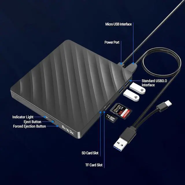 Alt view image 5 of 7 - 5 in 1 External Blu-ray CD DVD Drive, USB 3.0 Type-C Slim Optical Drive External Bluray DVD Burner with SD/TF Card Reader 2 USB 3.0 Hubs Compatible with Windows XP/7/8/10 MacOS Laptop and Desktop