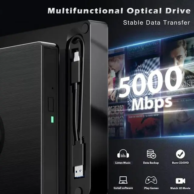 Alt view image 3 of 7 - External Blu Ray Drive, BD Player with Read/Write Capability Portable Blu-ray Player with USB 3.0 and Type-C CD/DVD Burner 3D Blu-ray Drive Compatible with Win10 and Mac OS,Drive Blu Ray Player