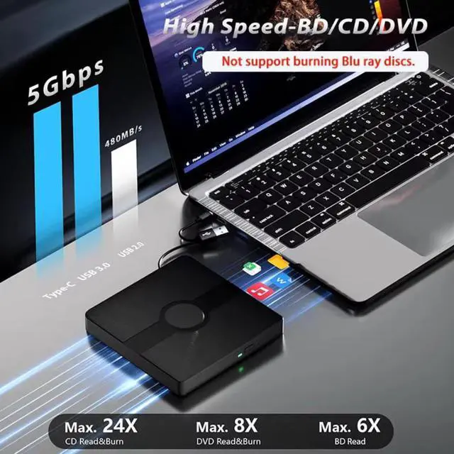 Alt view image 2 of 7 - External Blu Ray Drive, BD Player with Read/Write Capability Portable Blu-ray Player with USB 3.0 and Type-C CD/DVD Burner 3D Blu-ray Drive Compatible with Win10 and Mac OS,Drive Blu Ray Player