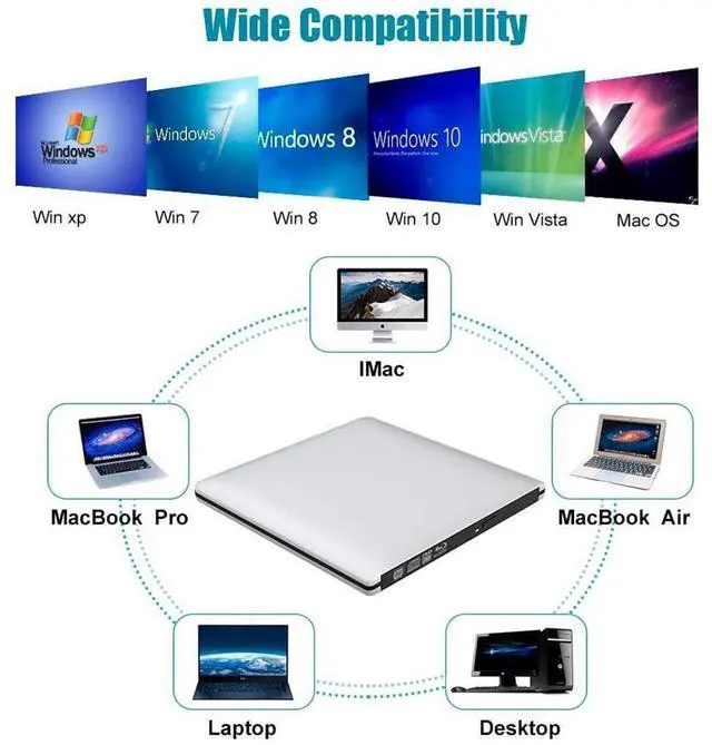 Alt view image 2 of 7 - Aluminum External 3D Blu Ray CD DVD Optical Drive, USB 3.0 Type-C Blu-ray CD/DVD+/-RW Burner Player Writer Reader Rewriter, External CD/DVD Drive for Laptop Desktop with Windows XP/7/8/10 Mac OS