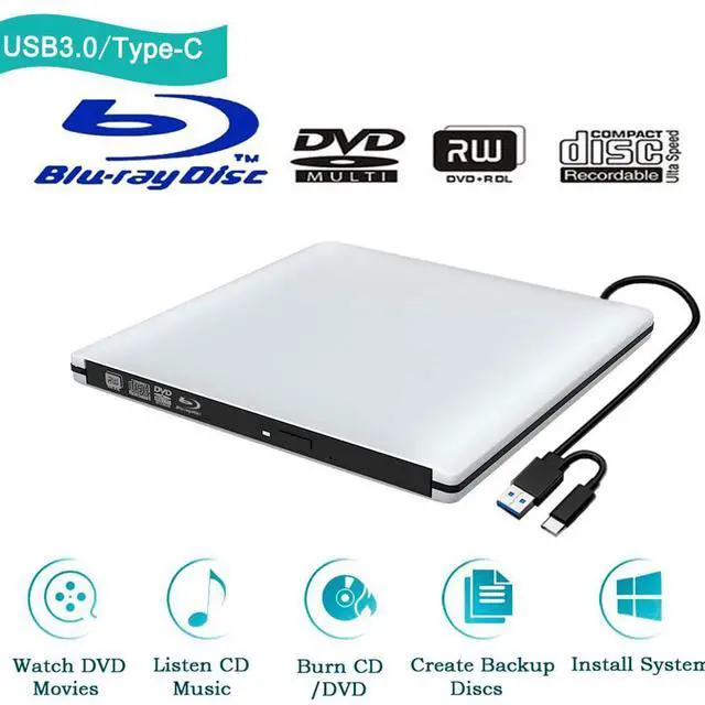 Main image of Aluminum External 3D Blu Ray CD DVD Optical Drive, USB 3.0 Type-C Blu-ray CD/DVD+/-RW Burner Player Writer Reader Rewriter, External CD/DVD Drive for Laptop Desktop with Windows XP/7/8/10 Mac OS