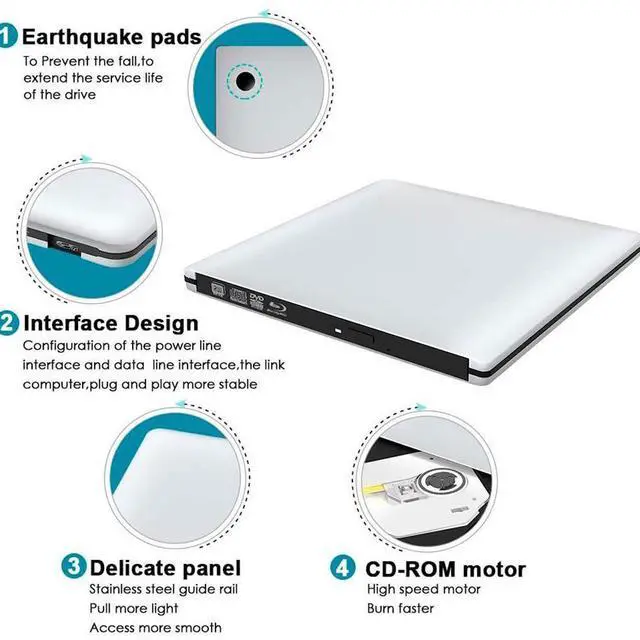 Alt view image 3 of 7 - Aluminum External 3D Blu Ray CD DVD Optical Drive, USB 3.0 Type-C Blu-ray CD/DVD+/-RW Burner Player Writer Reader Rewriter, External CD/DVD Drive for Laptop Desktop with Windows XP/7/8/10 Mac OS