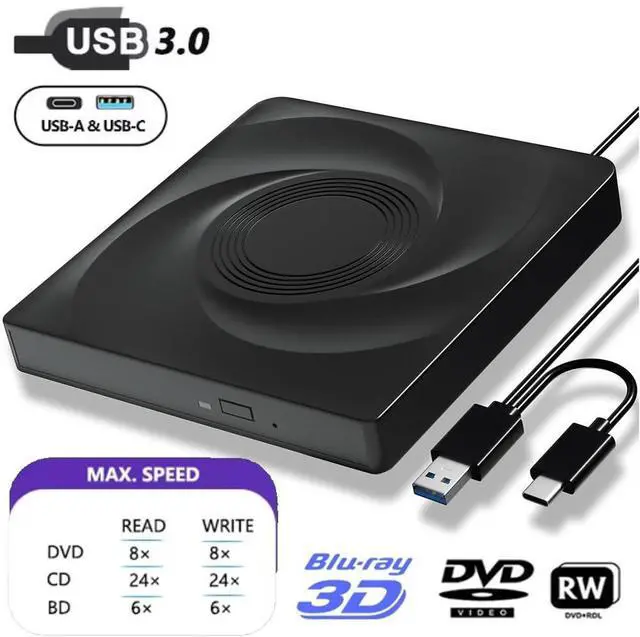 Main image of External Bluray Drive for Laptops, USB 3.0 and Type-C Portable DVD Player,BluRay Burner Slim 3D BluRay DVD CD Optical Drive Compatible with Windows XP/7/8/10/11 MacOS for MacBook Laptop Desktop