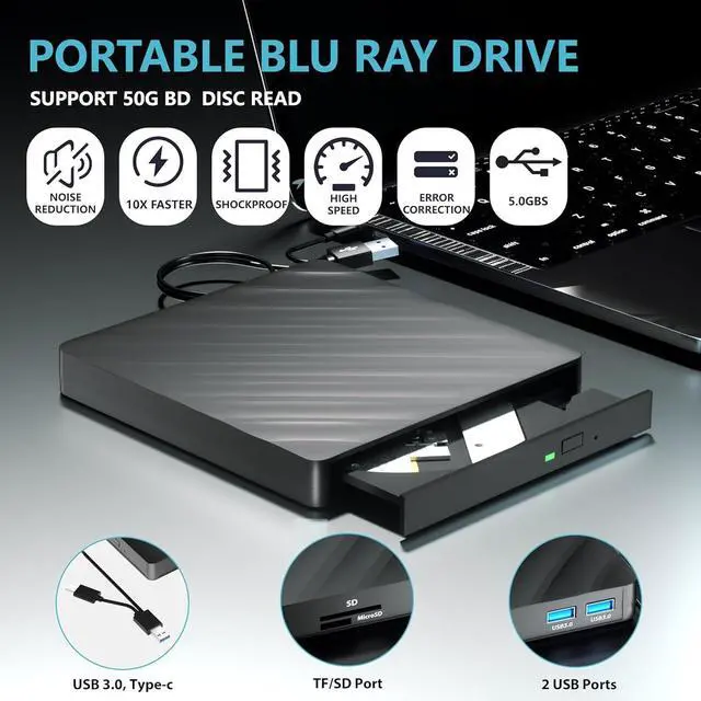 Alt view image 3 of 7 - External Blu Ray Drive, 5 in 1 Portable Blu Ray Player with USB 3.0 Type-C, CD DVD Burner 3D Blu Ray with SD/TF Port, External Blu-Ray CD DVD Drive Compatible with Windows Mac Laptop Desktop PC