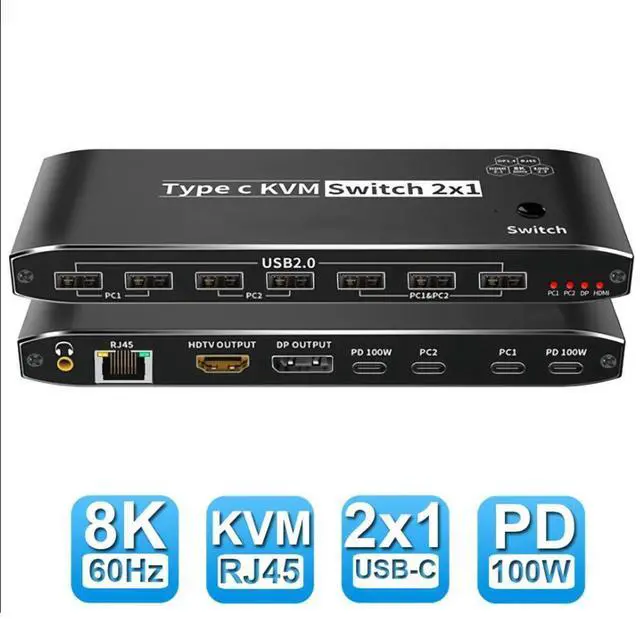 Main image of WRIARICH 2x1 Type C KVM Switch, 8K Thunderbolt 4 USB C KVM Switch with Ethernet Port RJ45 100W PD Charge 4K 144Hz Type C KVM Switch Switcher for 2 Computer 1 Monitor