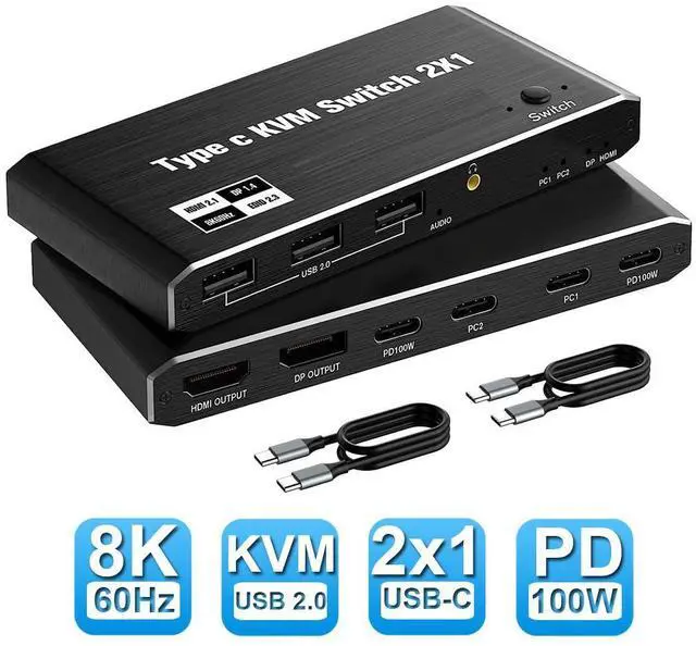 Main image of 2x1 USB C KVM Switch 8K @60Hz, 2 Port Type C KVM Switch for 2 Computers Share 1 Monitor, 2 Type C in HDMI + DP Out, USB C KVM Switch with 3 USB 2.0 Ports & 100W Power Delivery, 2 USB-C Cables Included