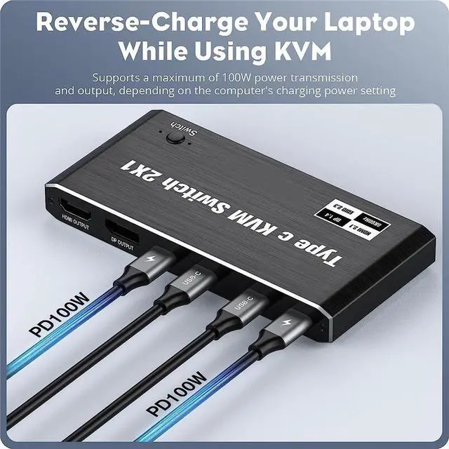 Alt view image 4 of 7 - 2x1 USB C KVM Switch 8K @60Hz, 2 Port Type C KVM Switch for 2 Computers Share 1 Monitor, 2 Type C in HDMI + DP Out, USB C KVM Switch with 3 USB 2.0 Ports & 100W Power Delivery, 2 USB-C Cables Included