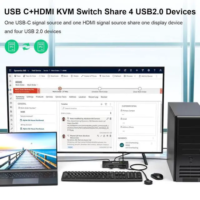 Alt view image 4 of 7 - USB Type-C + HDMI KVM Switch 4K@60Hz, USB C KVM Switch for 2 Computers Share 1 Monitor and 4 USB Devices, Compatible with Thunderbolt 3, with 100 W Power Delivery, Wired Remote and 3 Cables Included