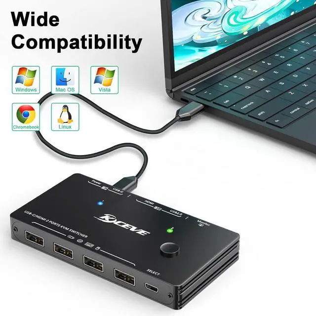 Alt view image 6 of 7 - USB Type-C + HDMI KVM Switch 4K@60Hz, USB C KVM Switch for 2 Computers Share 1 Monitor and 4 USB Devices, Compatible with Thunderbolt 3, with 100 W Power Delivery, Wired Remote and 3 Cables Included