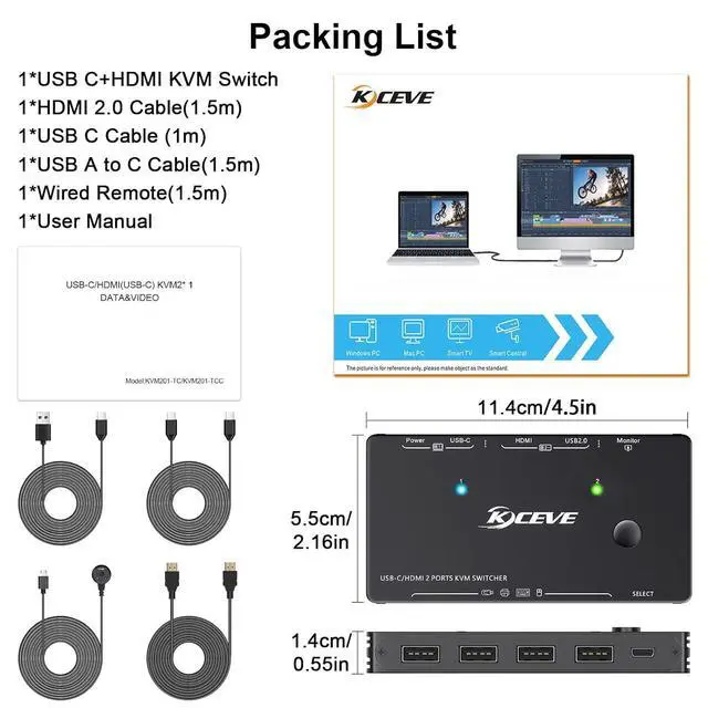 Alt view image 7 of 7 - USB Type-C + HDMI KVM Switch 4K@60Hz, USB C KVM Switch for 2 Computers Share 1 Monitor and 4 USB Devices, Compatible with Thunderbolt 3, with 100 W Power Delivery, Wired Remote and 3 Cables Included
