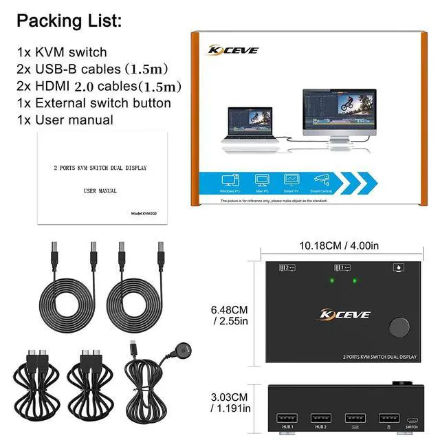 Alt view image 7 of 7 - Dual Monitor HDMI KVM Switch, USB HDMI Extended Display Switcher for 2 PCs Share 2 Monitors and 4 USB 2.0 Hub, 2 Port HDMI Dual Monitor KVM Switch 2 in 2 Out, Desktop Controller and USB Cable Included